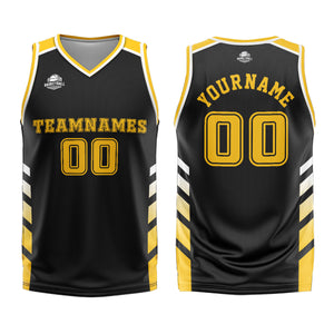 Uniforme de baloncesto personalizado negro y amarillo con tu logotipo-nombre y número impresos