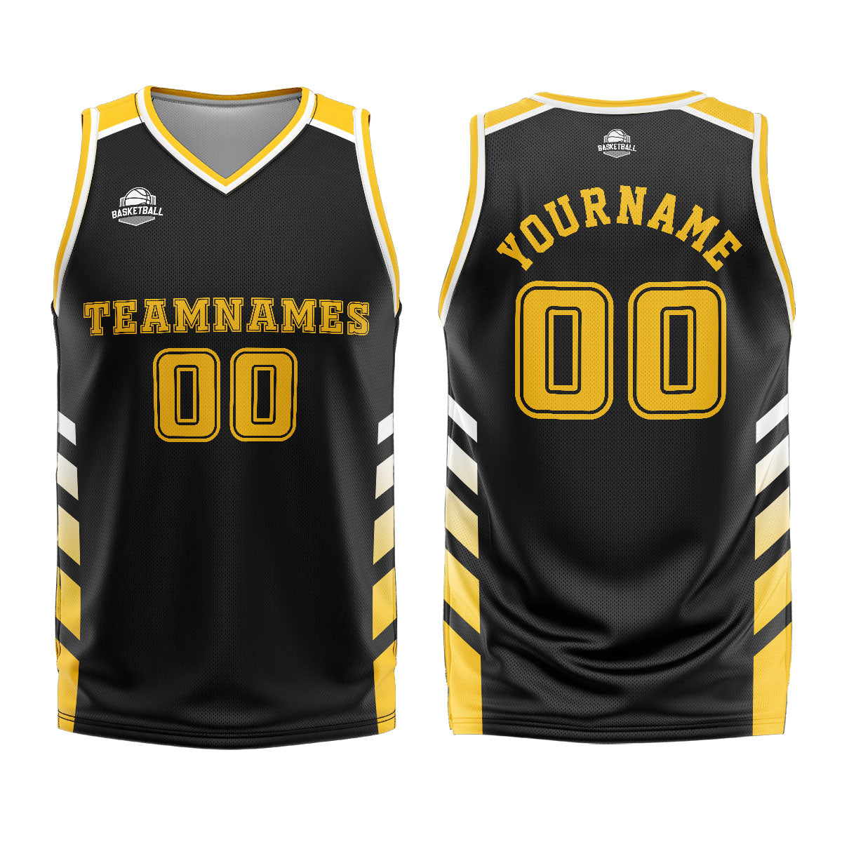 Uniforme de baloncesto personalizado negro y amarillo con tu logotipo-nombre y número impresos