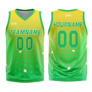 Uniforme de baloncesto personalizado amarillo y verde con tu logotipo-nombre y número impresos