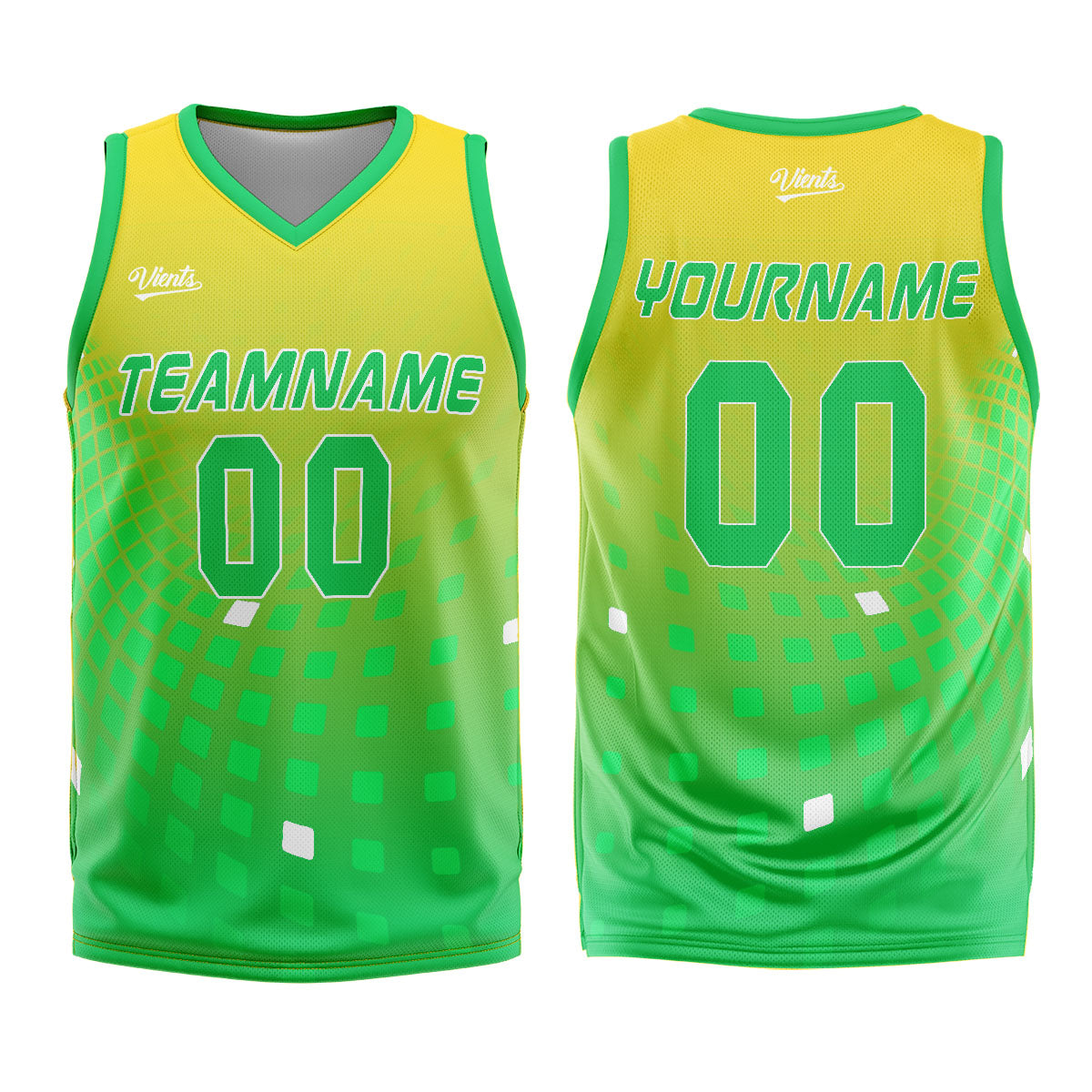 Uniforme de baloncesto personalizado amarillo y verde con tu logotipo-nombre y número impresos