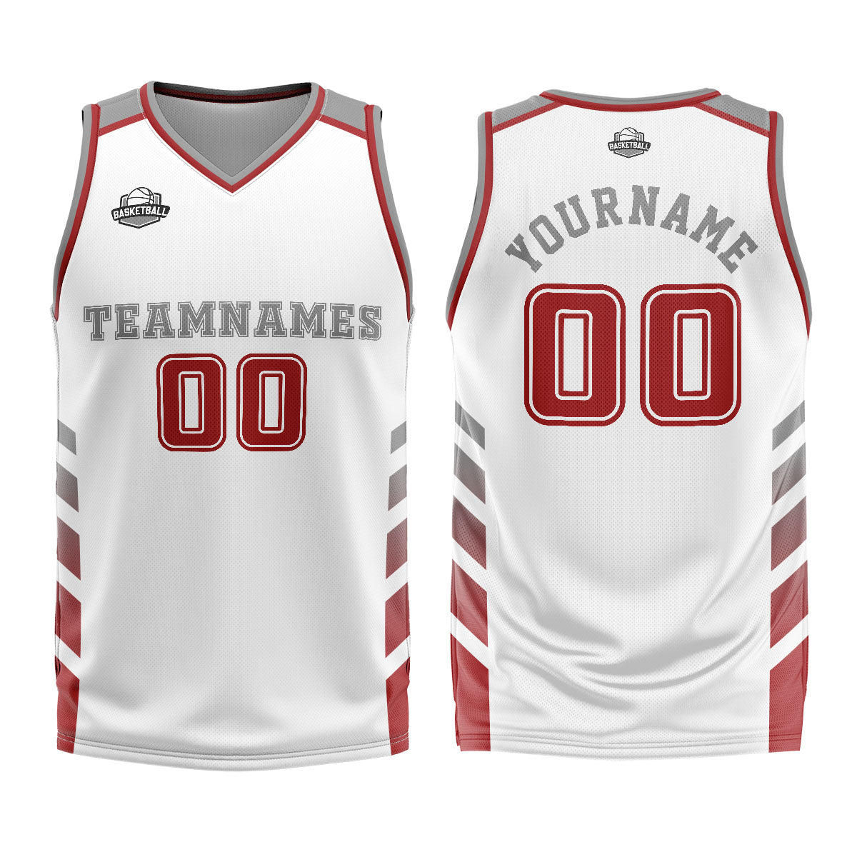Uniforme de baloncesto personalizado blanco y rojo con tu logotipo-nombre y número impresos