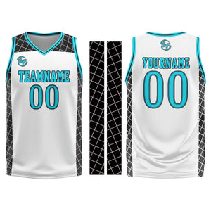 Uniforme de baloncesto personalizado blanco-negro y azul con tu logotipo-nombre y número impresos