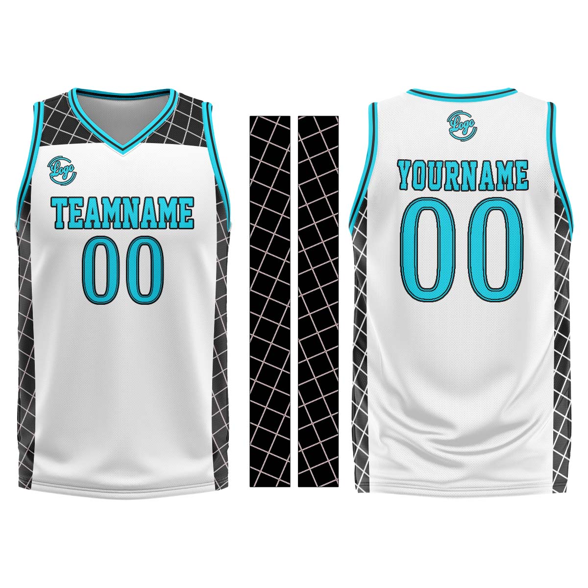 Uniforme de baloncesto personalizado blanco-negro y azul con tu logotipo-nombre y número impresos