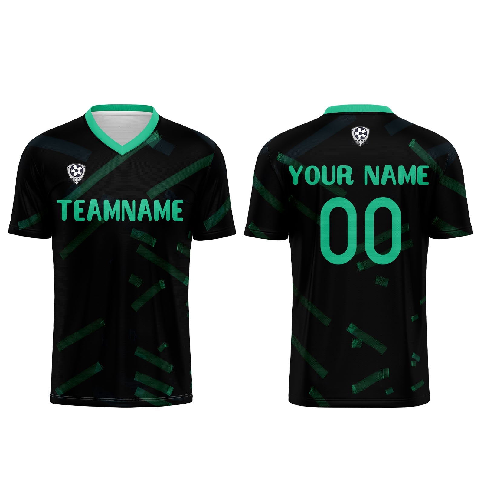 Conjunto personalizado de camiseta de fútbol negra y verde hierba para niños y adultos