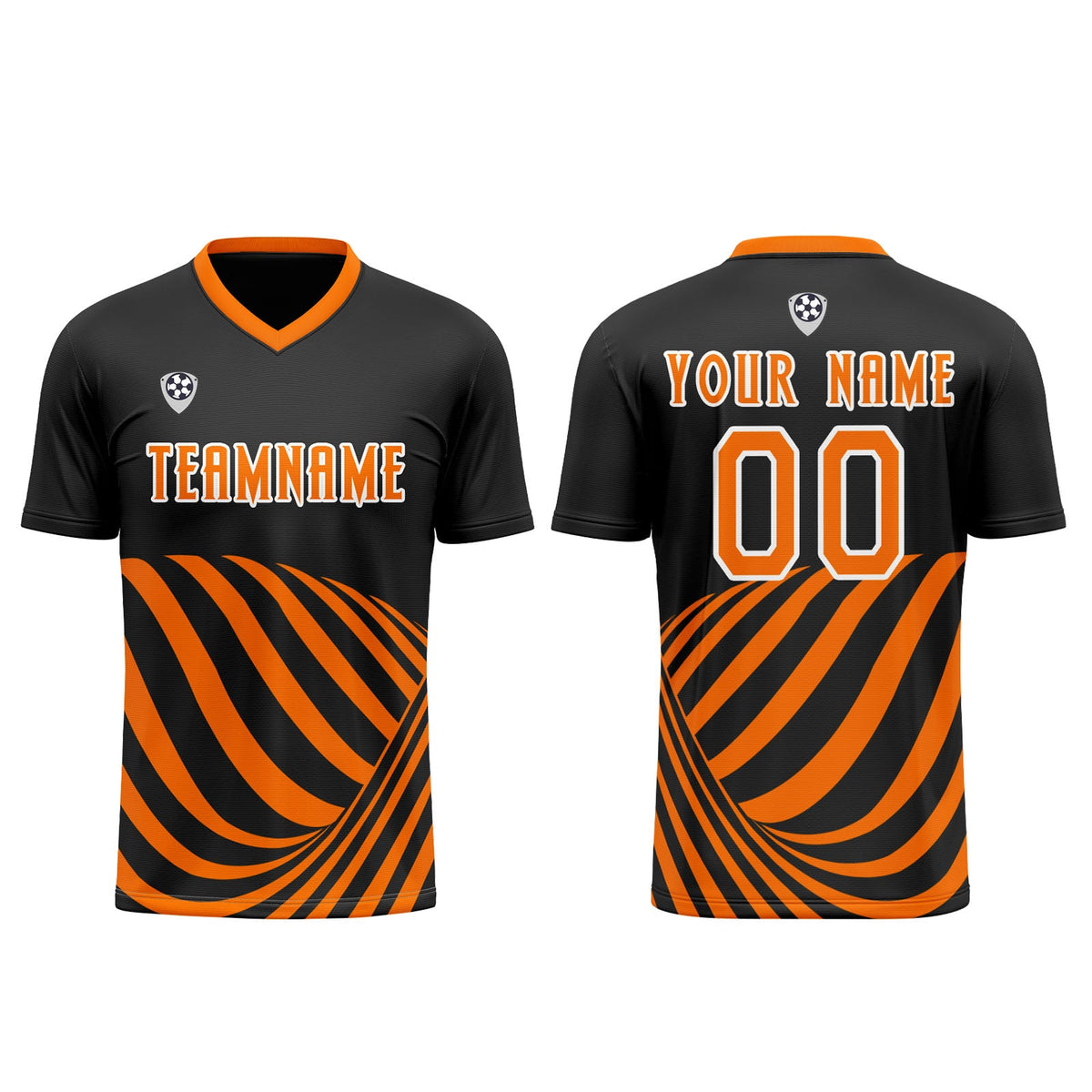Conjunto personalizado de camiseta de uniforme negra y naranja para niños y adultos