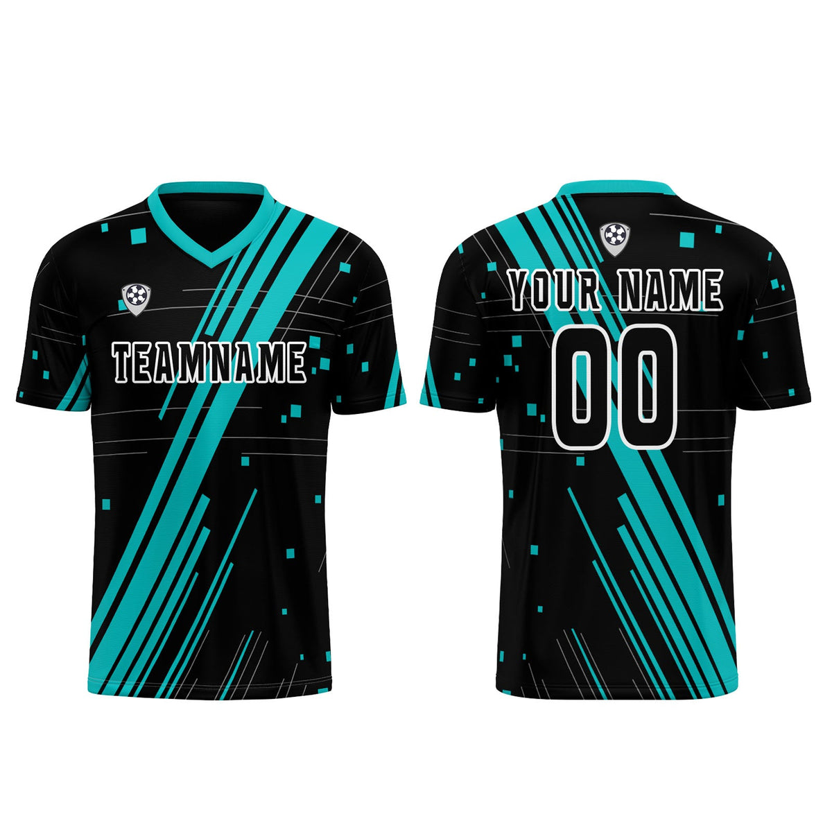 Conjunto personalizado de camiseta de uniforme negra y verde azulada para niños y adultos