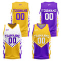 Traje de baloncesto reversible amarillo y morado personalizado para adultos y niños