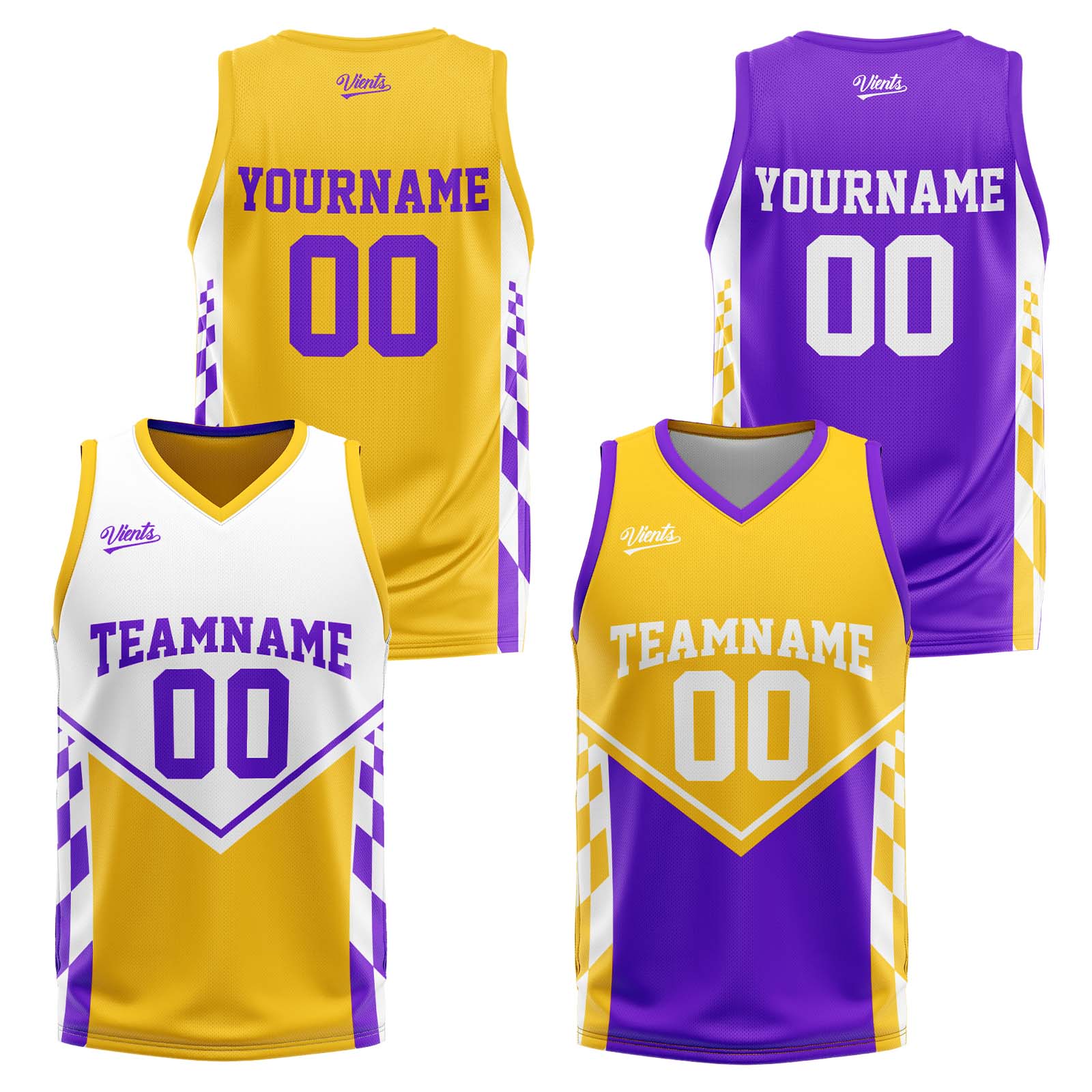 Traje de baloncesto reversible amarillo y morado personalizado para adultos y niños