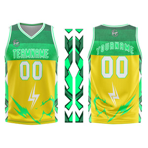 Uniforme de baloncesto personalizado amarillo y verde con tu logotipo-nombre y número impresos
