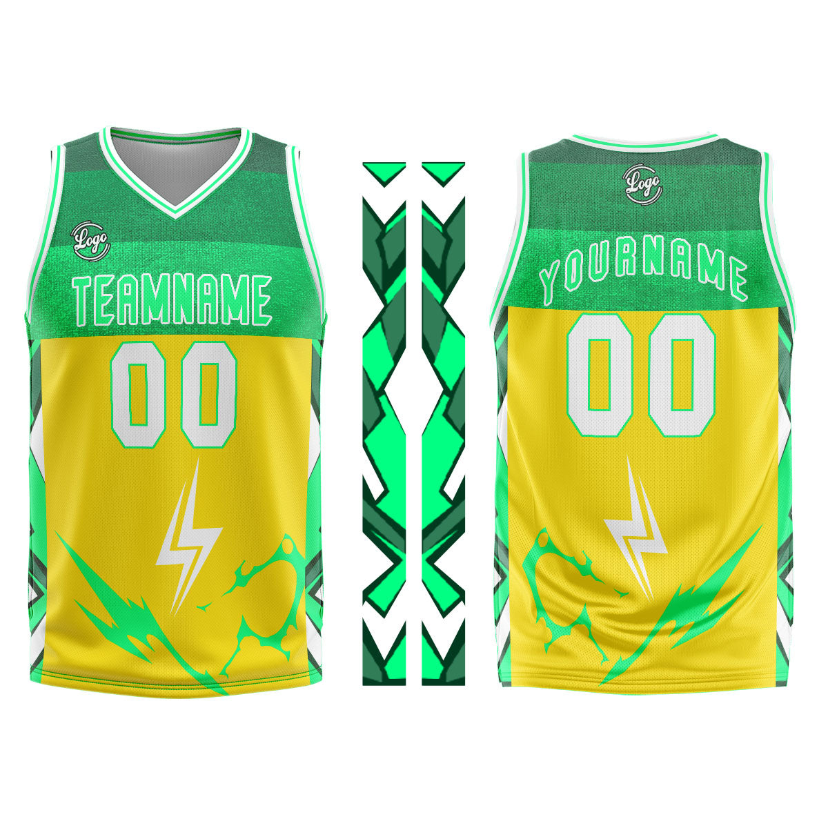 Uniforme de baloncesto personalizado amarillo y verde con tu logotipo-nombre y número impresos