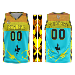 Uniforme de baloncesto personalizado azul claro y amarillo con tu logotipo-nombre y número impresos