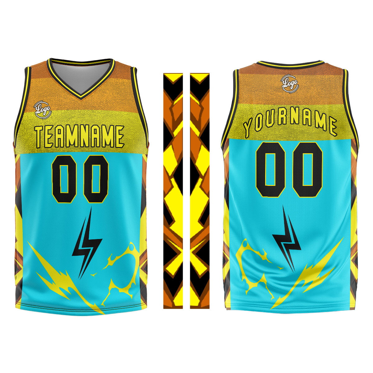 Uniforme de baloncesto personalizado azul claro y amarillo con tu logotipo-nombre y número impresos