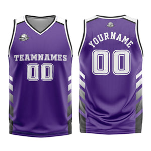 Uniforme de baloncesto personalizado morado y blanco con tu logotipo-nombre y número impresos