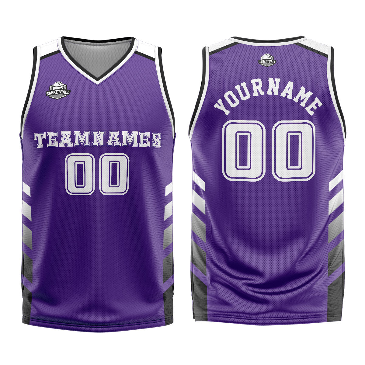 Uniforme de baloncesto personalizado morado y blanco con tu logotipo-nombre y número impresos