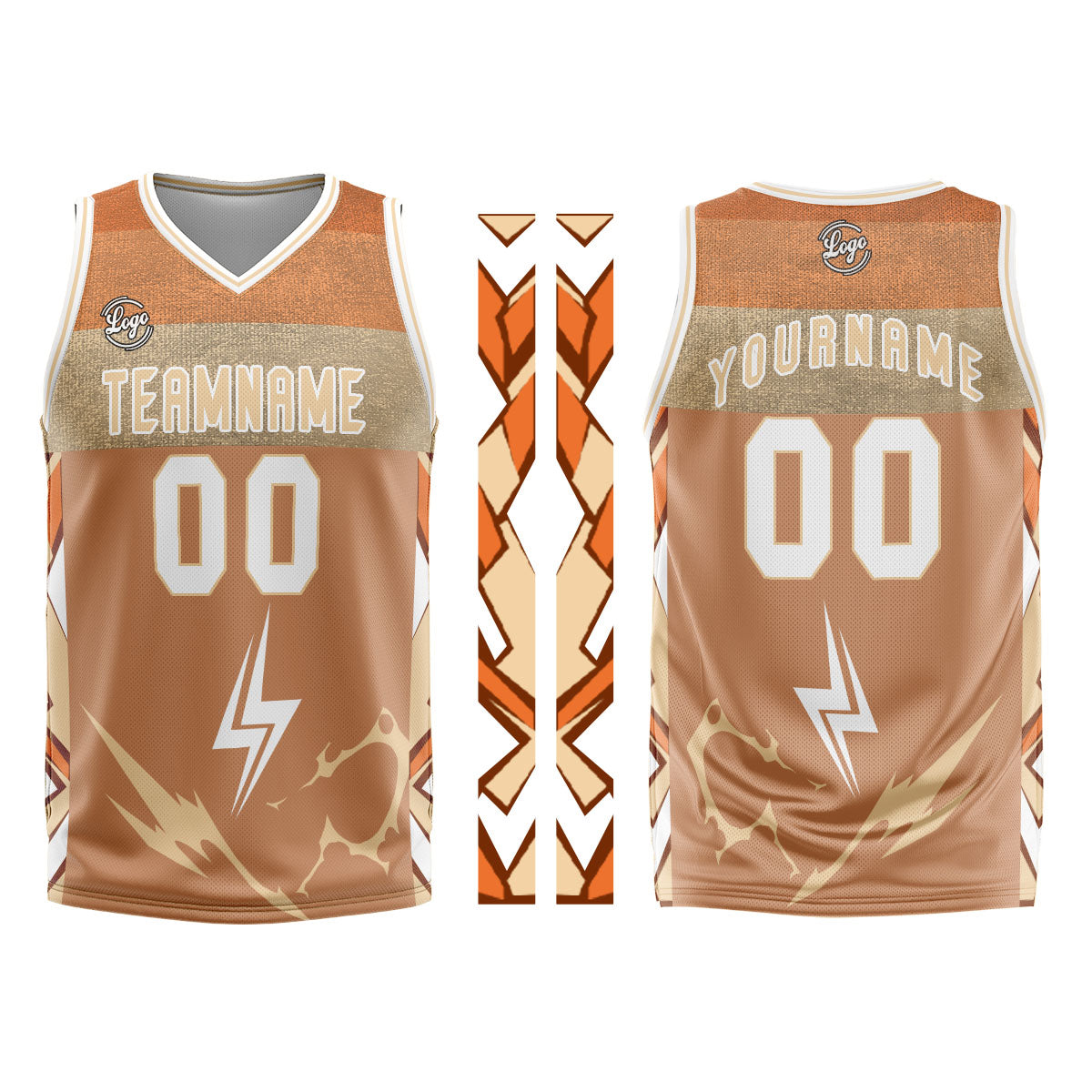 Uniforme de baloncesto personalizado en marrón y blanco con tu logotipo-nombre y número impresos