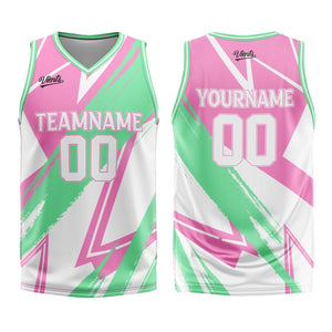 Uniforme de baloncesto rosa y verde personalizado con tu logotipo-nombre y número impresos
