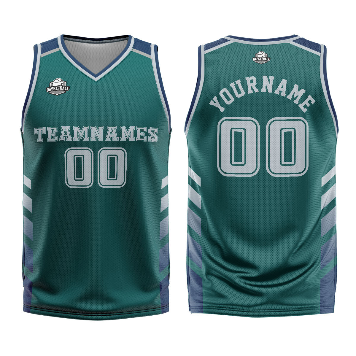 Uniforme de baloncesto personalizado verde y azul con tu logotipo-nombre y número impresos