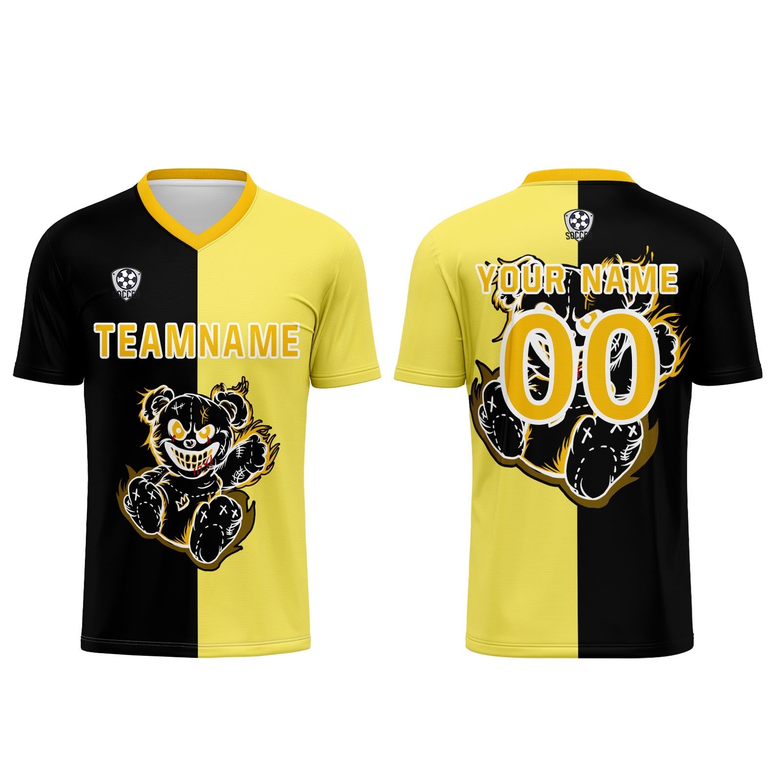 Conjunto personalizado de camiseta de fútbol negra y amarilla para niños y adultos