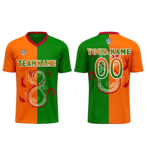 Conjunto personalizado de camiseta de uniforme naranja y verde para niños y adultos