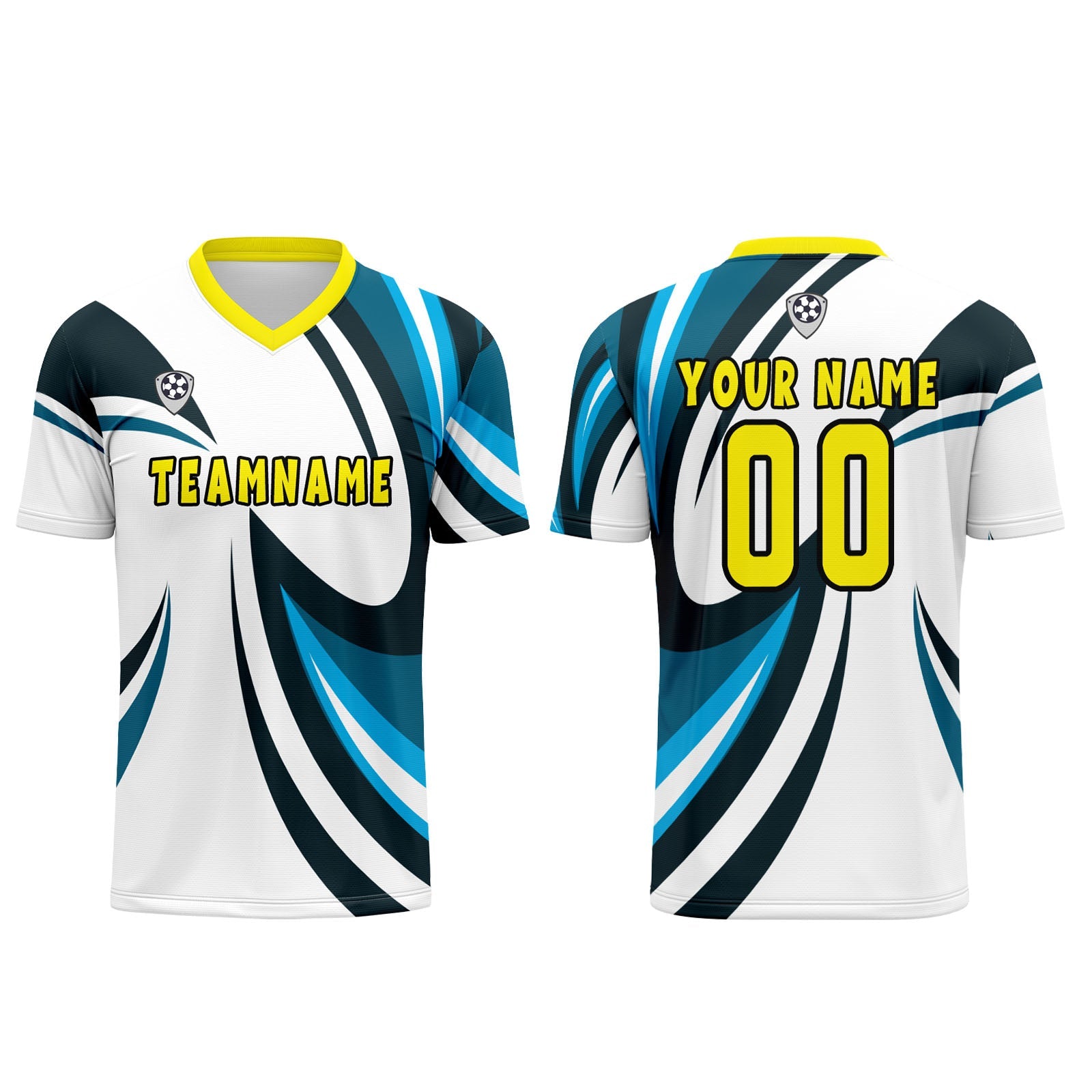 Conjunto personalizado de camiseta de uniforme blanca y azul para niños y adultos