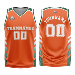 Uniforme de baloncesto personalizado de color naranja y verde con tu logotipo-nombre y número impresos
