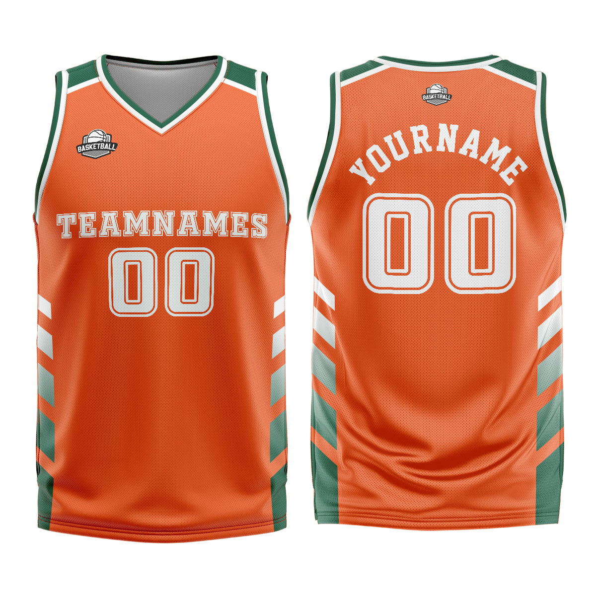 Uniforme de baloncesto personalizado de color naranja y verde con tu logotipo-nombre y número impresos