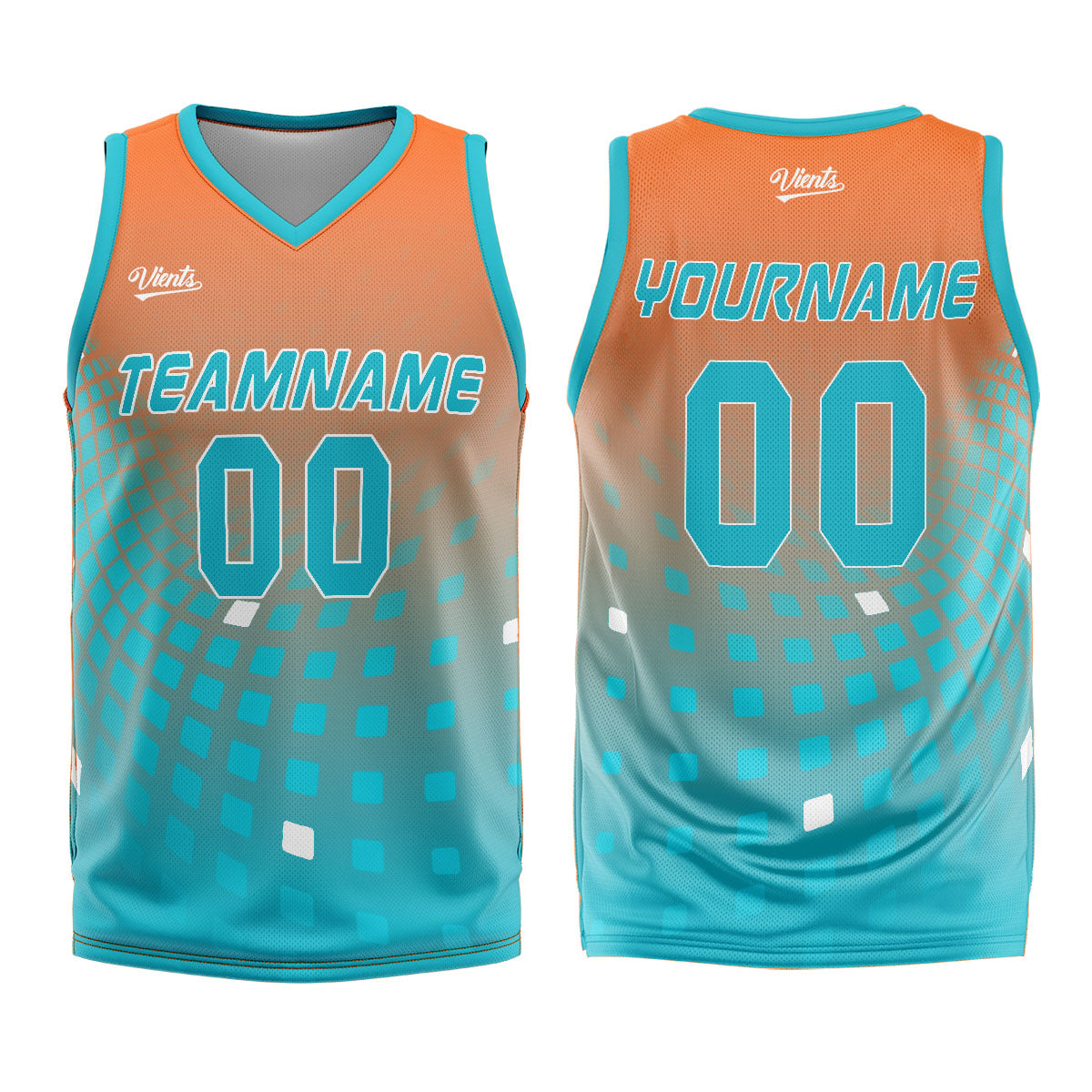 Uniforme de baloncesto personalizado en naranja y cian con tu logotipo-nombre y número impresos