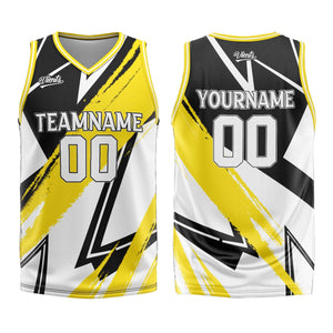 Uniforme de baloncesto personalizado negro y amarillo con tu logotipo-nombre y número impresos