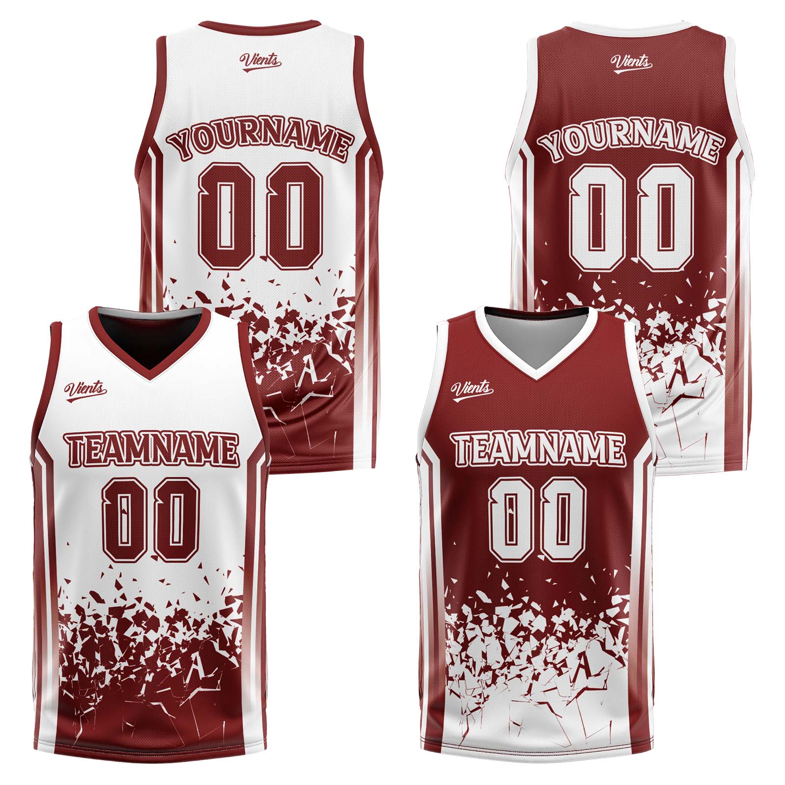 Traje de baloncesto reversible personalizado en color burdeos y blanco para adultos y niños