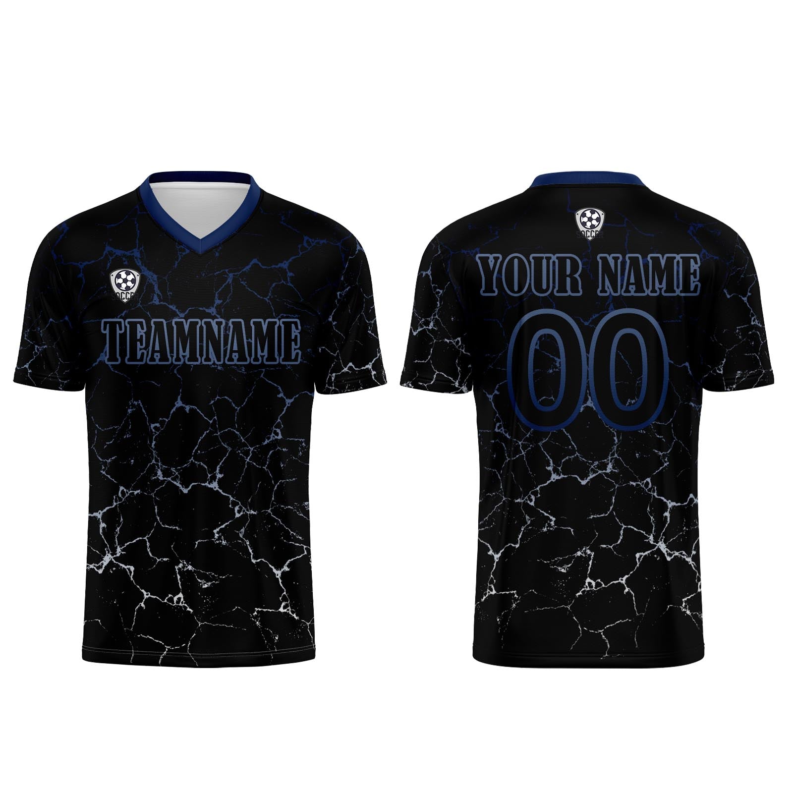 Conjunto personalizado de camiseta de fútbol negra y azul oscuro para niños y adultos
