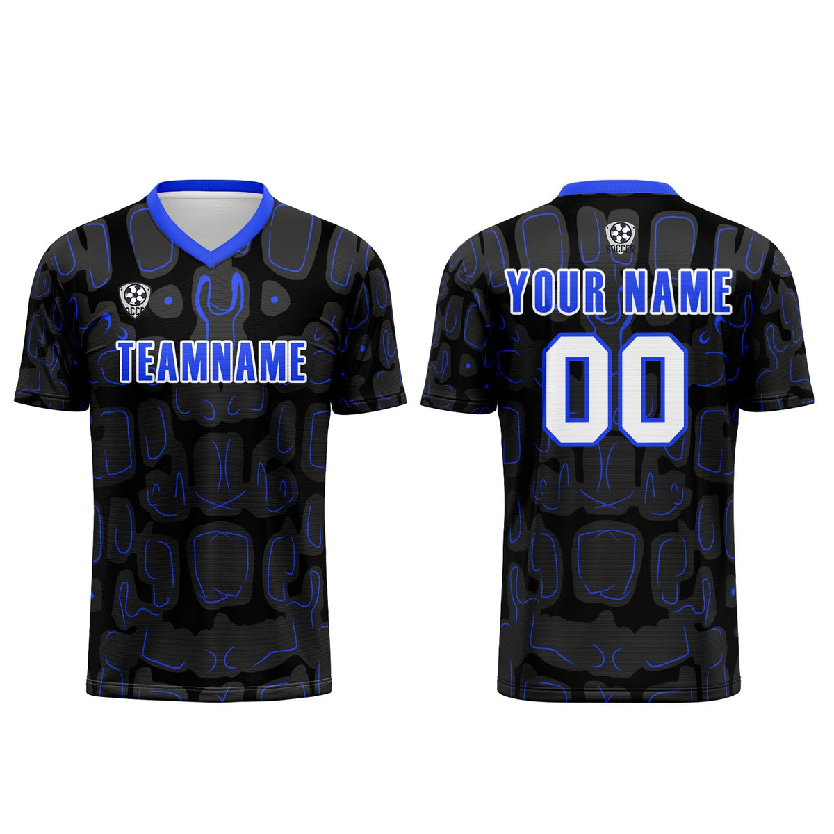 Conjunto personalizado de camiseta de fútbol negra y azul para niños y adultos