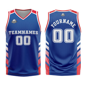 Uniforme de baloncesto personalizado azul y rojo con tu logotipo-nombre y número impresos