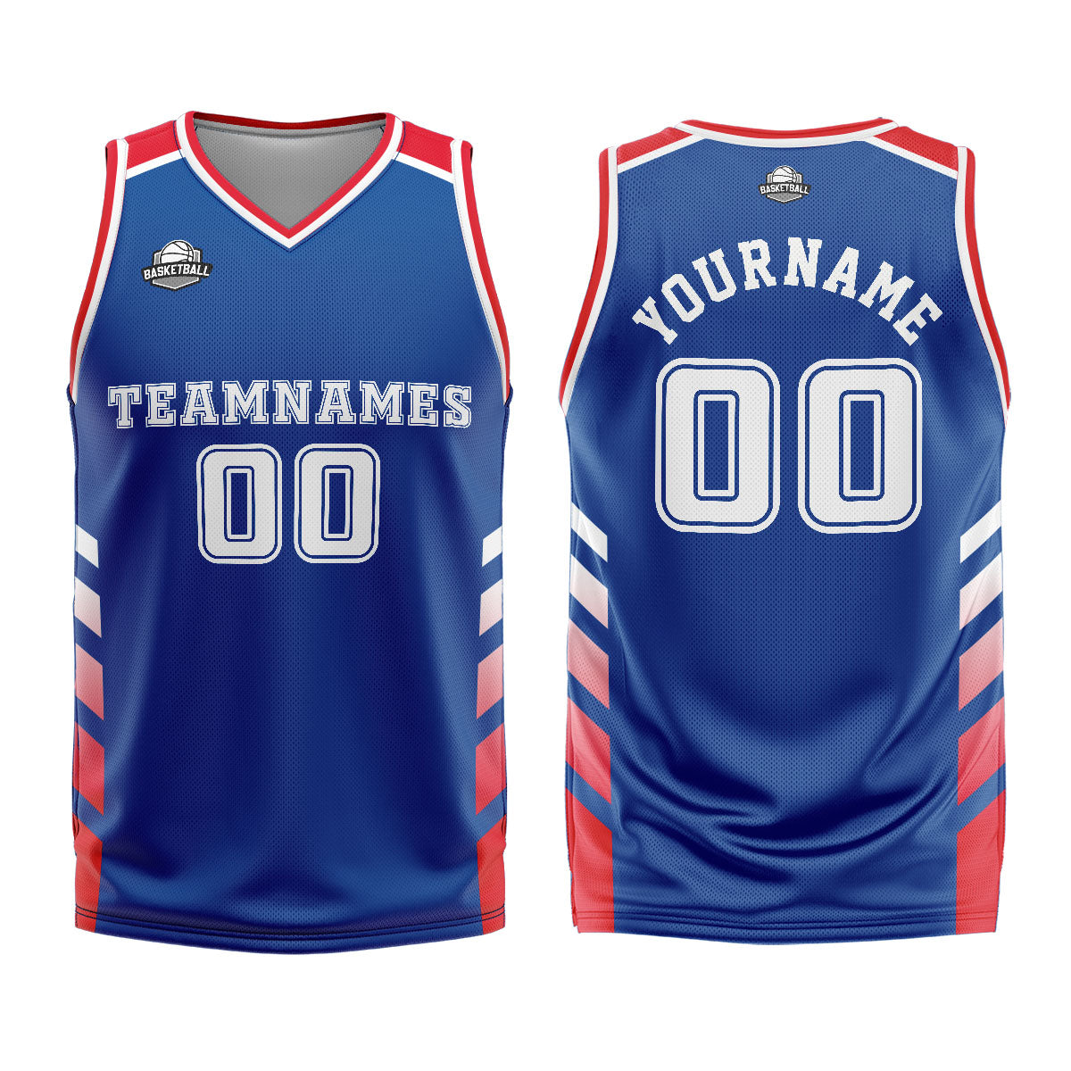 Uniforme de baloncesto personalizado azul y rojo con tu logotipo-nombre y número impresos
