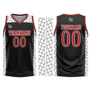 Uniforme de baloncesto personalizado en negro y rojo con tu logotipo-nombre y número impresos