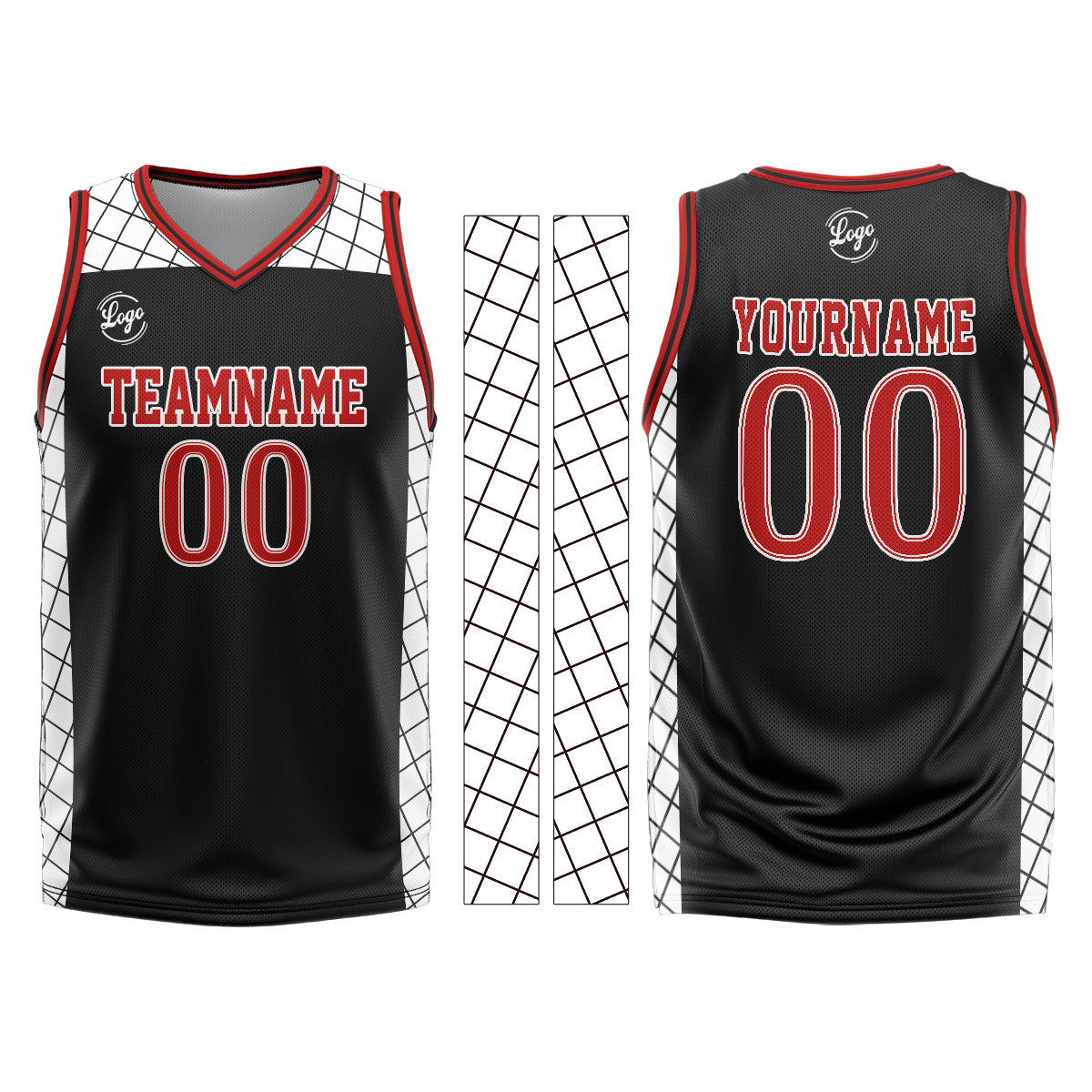 Uniforme de baloncesto personalizado en negro y rojo con tu logotipo-nombre y número impresos