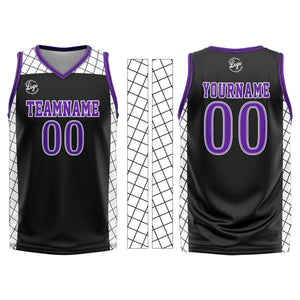 Uniforme de baloncesto personalizado en negro y morado con tu logotipo-nombre y número impresos