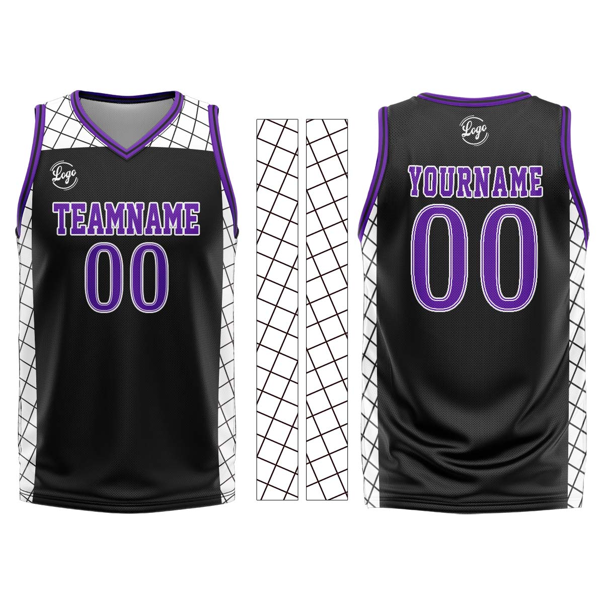 Uniforme de baloncesto personalizado en negro y morado con tu logotipo-nombre y número impresos