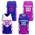 Traje de baloncesto reversible azul y morado personalizado para adultos y niños