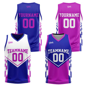 Traje de baloncesto reversible azul y morado personalizado para adultos y niños