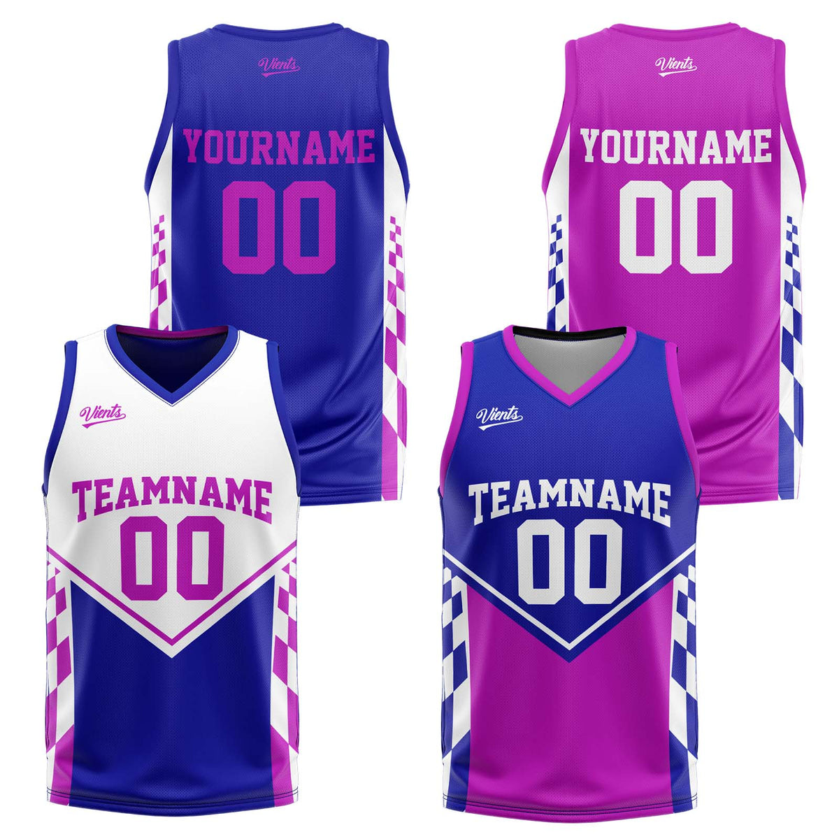 Traje de baloncesto reversible azul y morado personalizado para adultos y niños