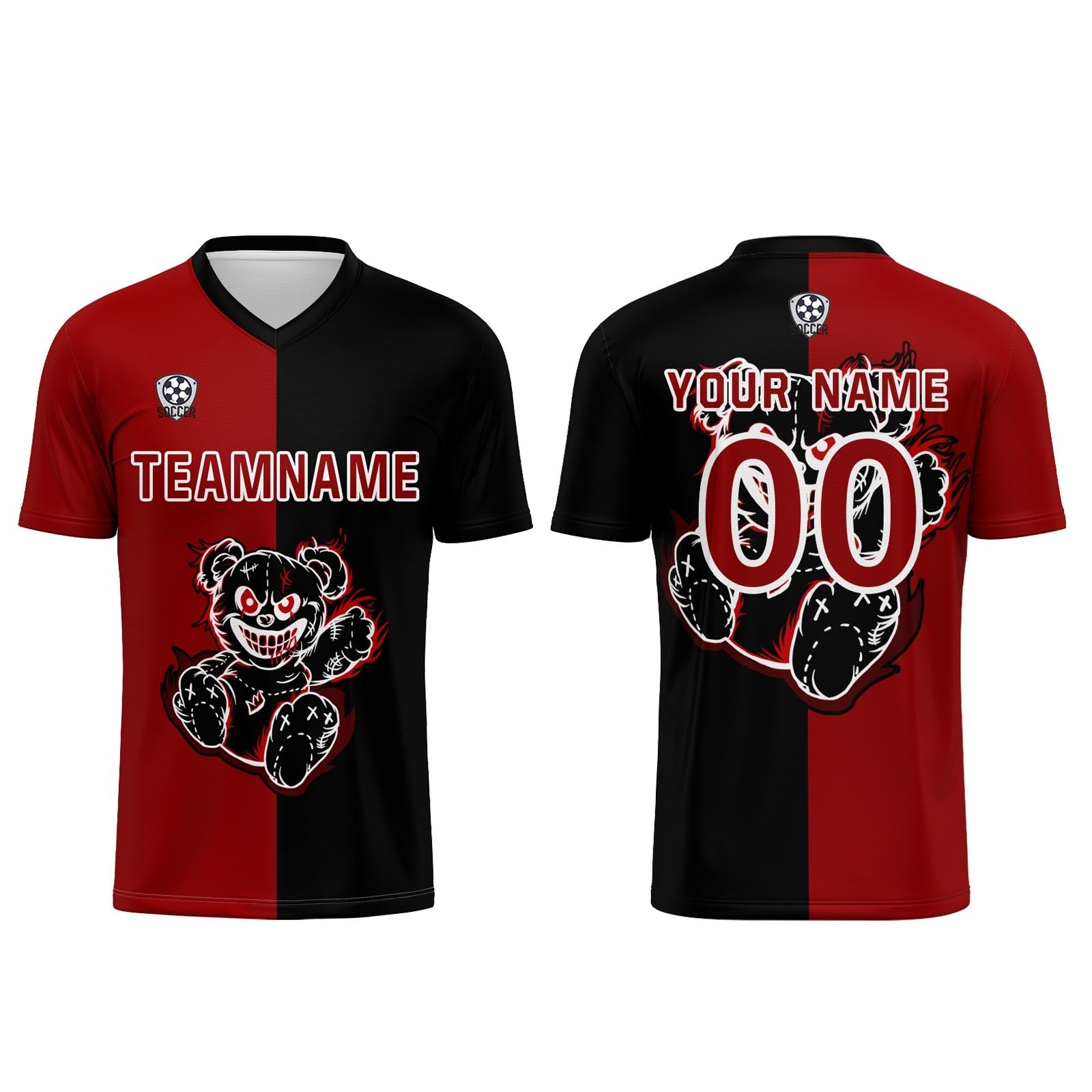 Conjunto personalizado de camiseta de fútbol roja y negra para niños y adultos