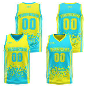 Traje de baloncesto reversible personalizado amarillo claro y azul claro para adultos y niños