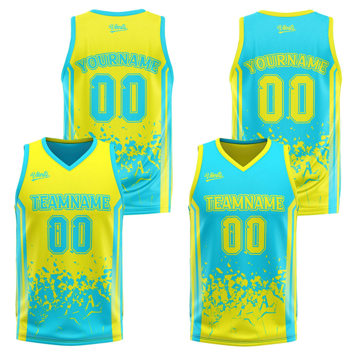 Traje de baloncesto reversible personalizado amarillo claro y azul claro para adultos y niños