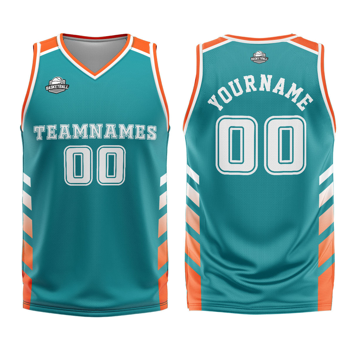 Uniforme de baloncesto personalizado color naranja cian con tu logotipo-nombre y número impresos