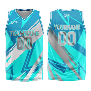 Uniforme de baloncesto personalizado en color gris cian con tu logotipo-nombre y número impresos