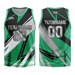 Uniforme de baloncesto personalizado en negro-verde y gris con tu logotipo-nombre y número impresos