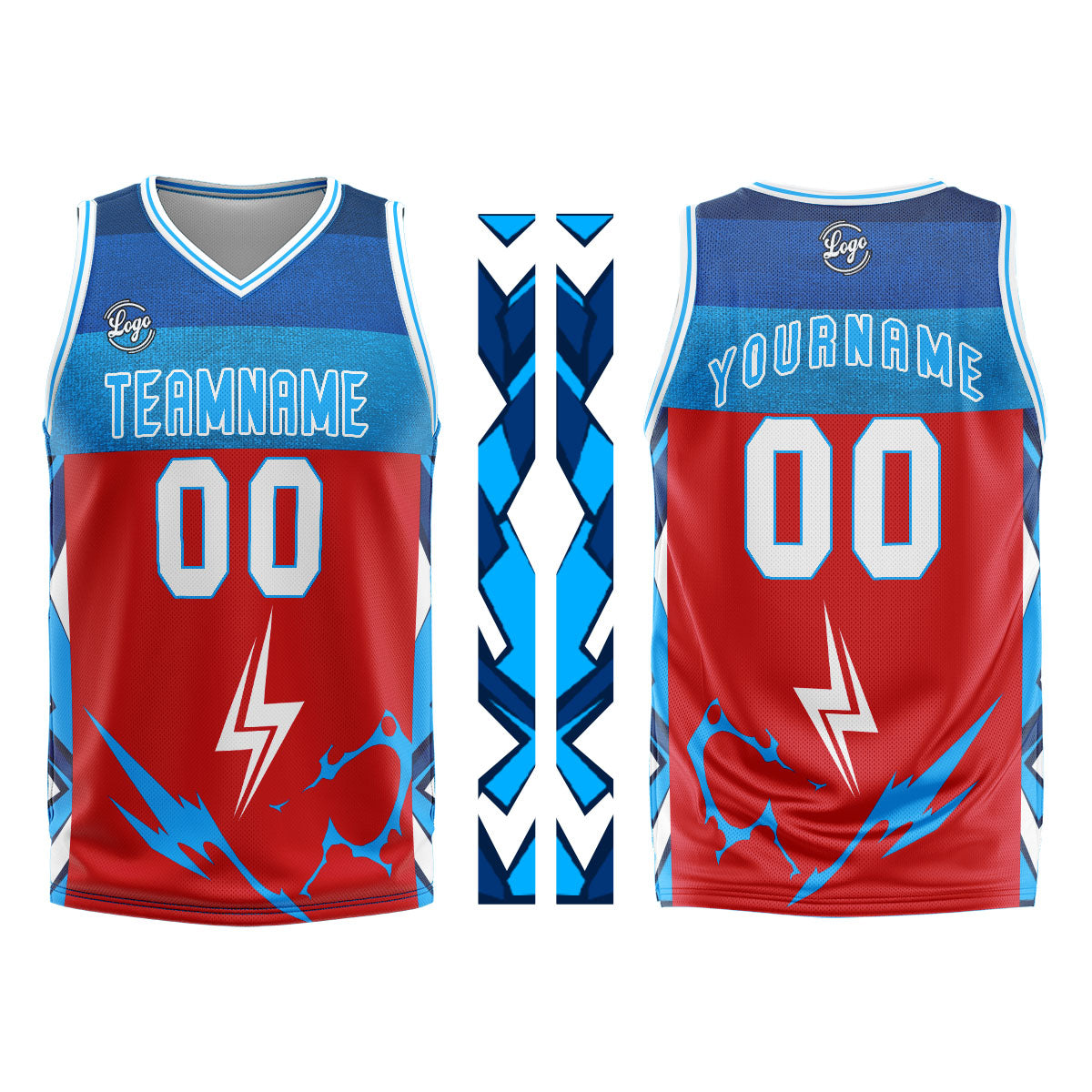Uniforme de baloncesto personalizado rojo y azul con tu logotipo-nombre y número impresos