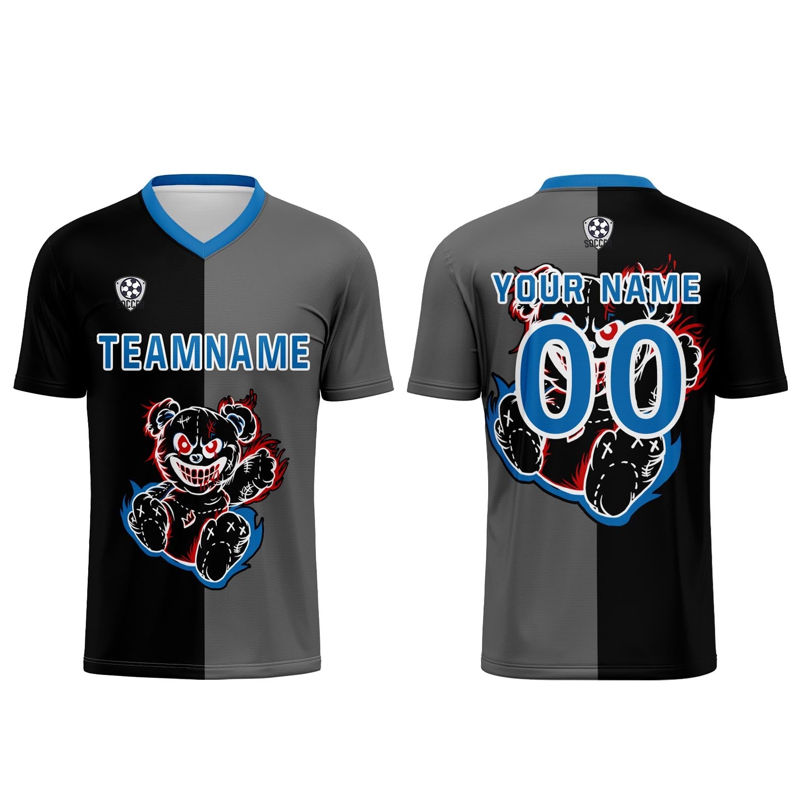 Conjunto personalizado de camiseta de fútbol negra y azul para niños y adultos