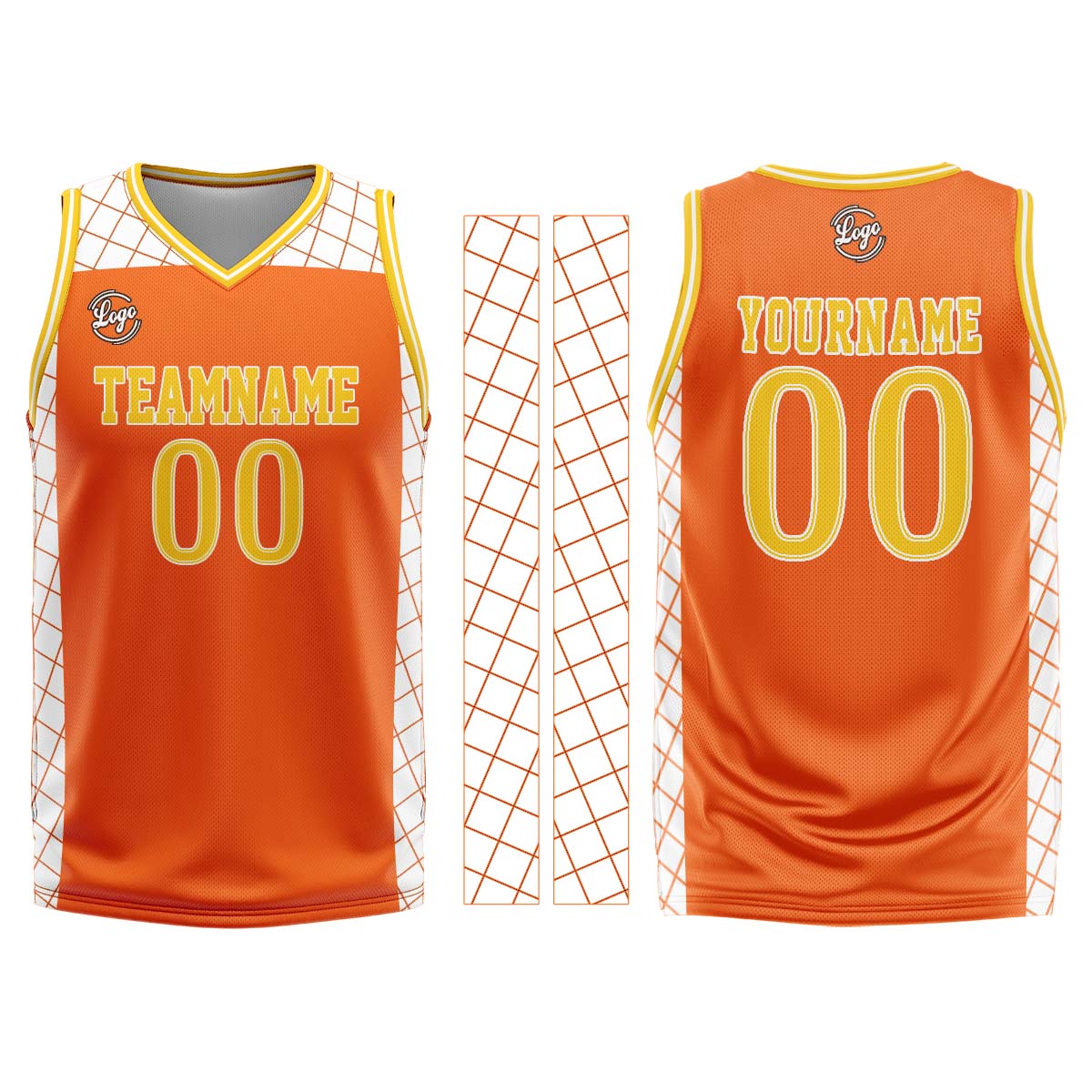 Uniforme de baloncesto personalizado de color naranja y amarillo con tu logotipo-nombre y número impresos