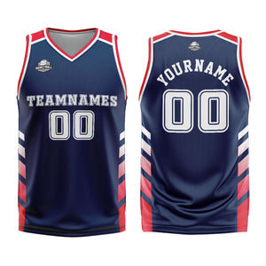 Uniforme de baloncesto personalizado azul marino y rojo con tu logotipo-nombre y número impresos